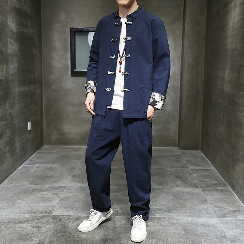 秋季风男装棉麻唐装拼接复古中式大码两件套A118-TZ2023P95,男装休闲套装,电商A118
