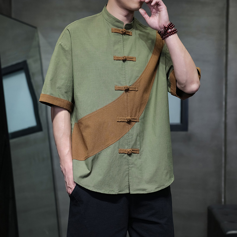夏季风短袖复古大码棉麻唐装汉服宽松衬衫男A118-C032P70控99,男装衬衫,电商A118