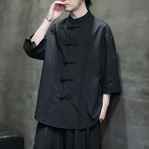 夏季风盘扣衬衫新中式大码汉服七分袖衬衣男A118-C10P70控98图片