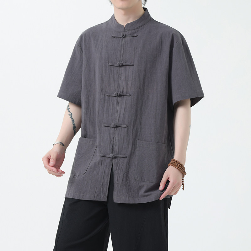 夏季风棉麻衬衫唐装短袖汉服亚麻复古衬衣男A118-C815P40控68,男装衬衫,电商A118
