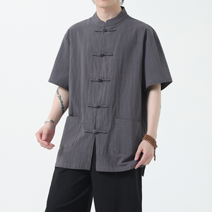 夏季风棉麻衬衫唐装短袖汉服亚麻复古衬衣男A118-C815P40控68图片
