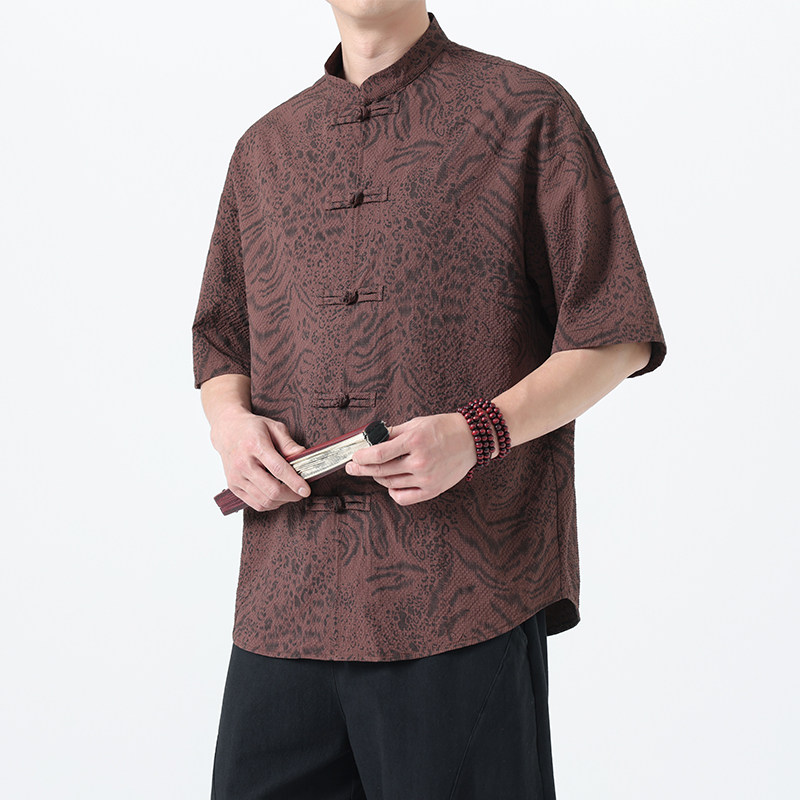2025夏季风中式唐装短袖衬衫复古豹纹T恤男A118-C033P70控99,男装T恤,电商A118
