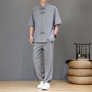 夏季风天丝亚麻唐装短袖茶服大码套装A118-TZ2502P165控228图片
