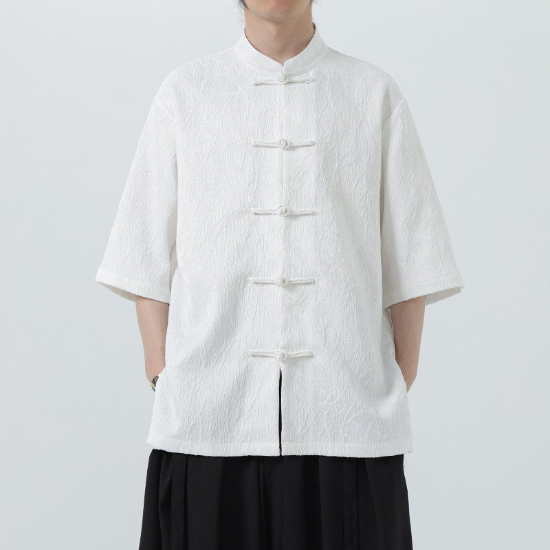 夏季风男装盘扣新中式刺绣唐装大码短袖衬衫A118-C09P70控98，男装衬衫，电商A118