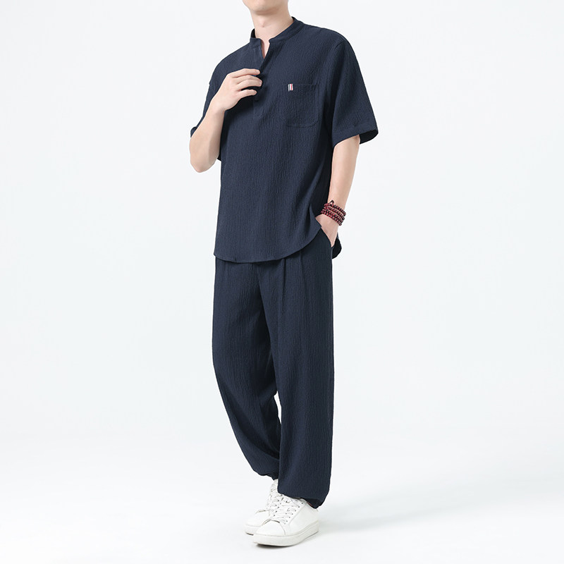 夏季风新中式唐装中山装大码冰丝短袖男A118-TZ2507P115控198,男装休闲套装,电商A118