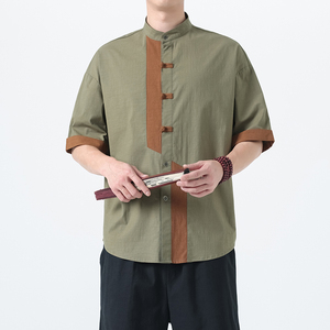 夏季风男装唐装汉服棉麻亚麻拼接大码衬衫A118-C031P70控99图片