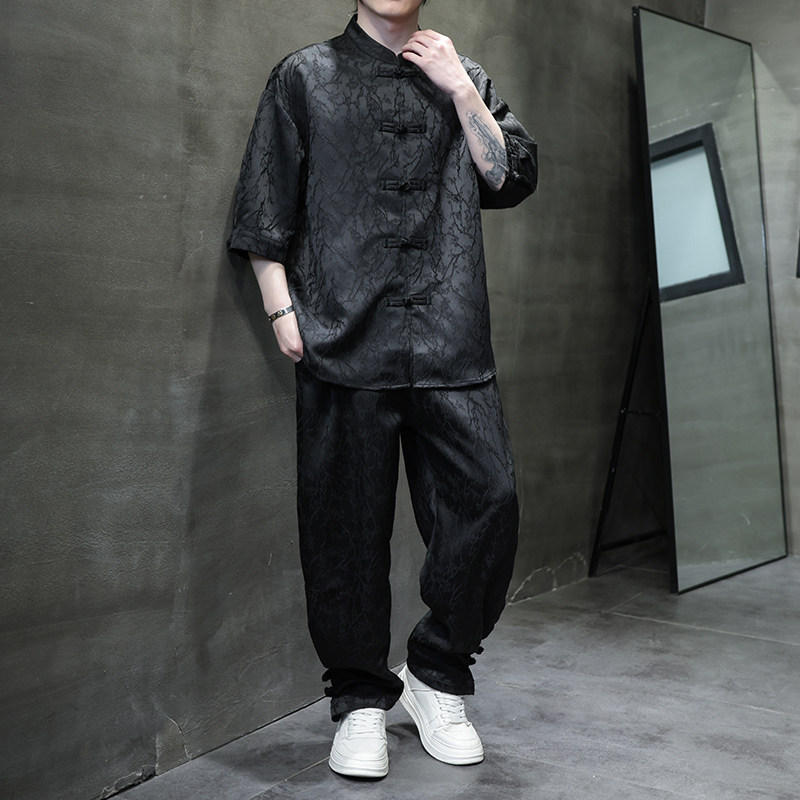 夏季风男装冰丝短袖套装新中式刺绣唐装A118-TZ030P110控158,男装休闲套装,电商A118