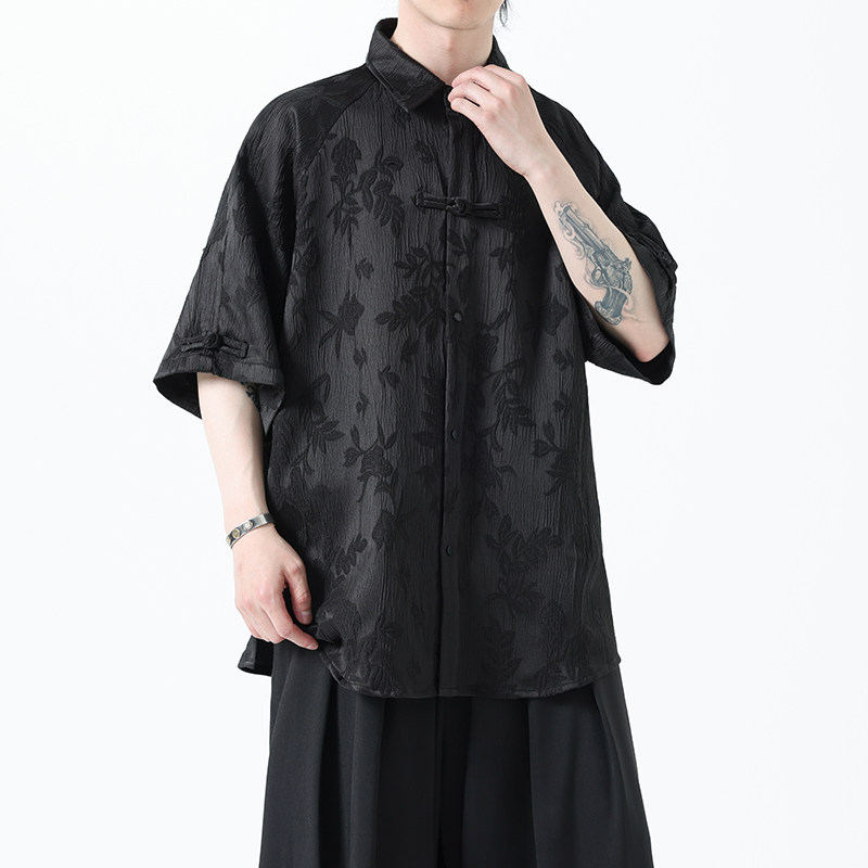 夏季风男装冰丝短袖新中式唐装提花汉服衬衫A118-C28P65控88,男装T恤,电商A118