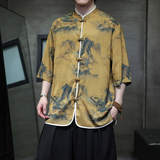 2025夏季风冰丝唐装盘扣中式印花半袖衬衣男A118-C05P65控88，男装T恤，电商A118