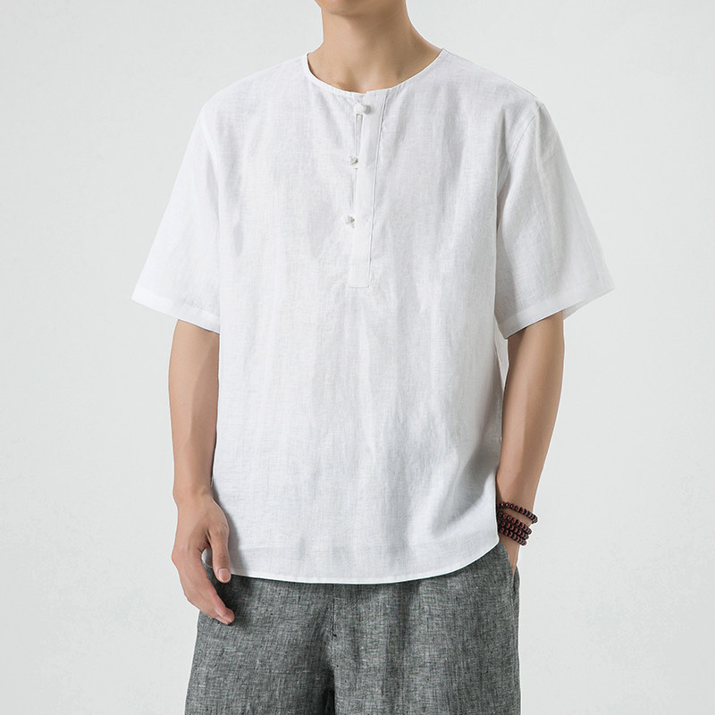 纯亚麻夏季风男装短袖唐装T恤大码宽松上衣A118-T910-P85，男装T恤，电商A118