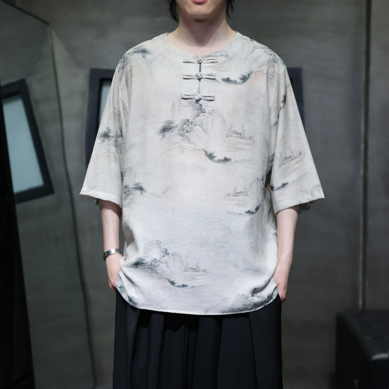 夏季风男装冰丝短袖T恤新中式印花改良汉服A118-T501P60控78图片