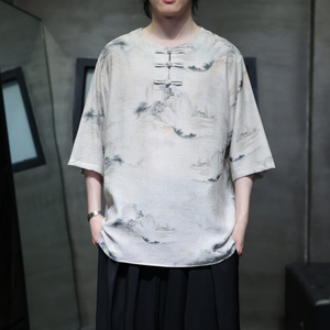 夏季风男装冰丝短袖T恤新中式印花改良汉服A118-T501P60控78图片