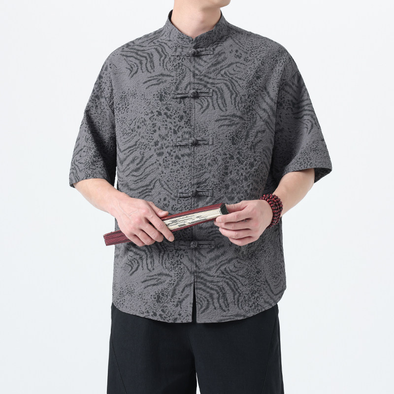 2025夏季风短袖衬衫唐装汉服印花大码T恤男A118-C033P70控99,男装T恤,电商A118
