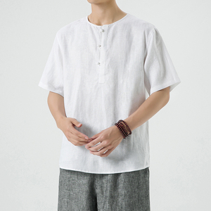 纯亚麻夏季风男装短袖唐装T恤大码宽松上衣A118-T910-P85图片
