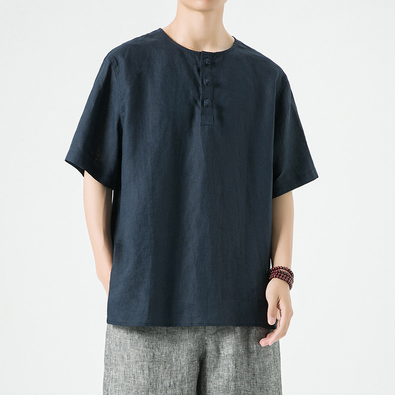 纯亚麻春夏风唐装短袖圆领盘扣大码T恤男A118-T908P85，男装T恤，电商A118