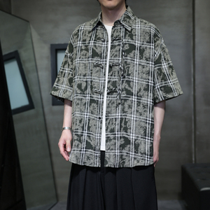 夏季风棉麻短袖衬衫中式大码复古格子衬衣男A118-C15P65控98图片