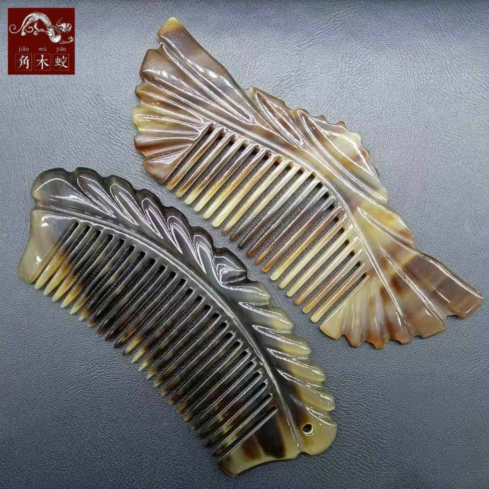 角木蛟精品水墨色梳子个性纹路牦牛角无柄打花雕刻牛角梳短款