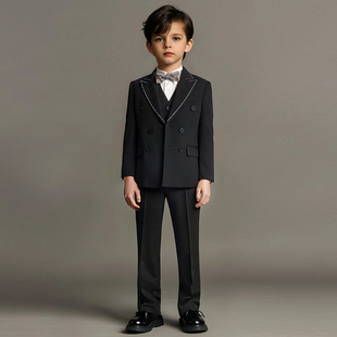 出租男童钢琴考级黑色帅气显瘦西装男童春晚主持时尚高端西服套装