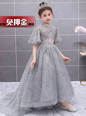 出租女孩主持比赛端庄闪亮礼服租赁女童模特走秀奢华灰色长裙NL83