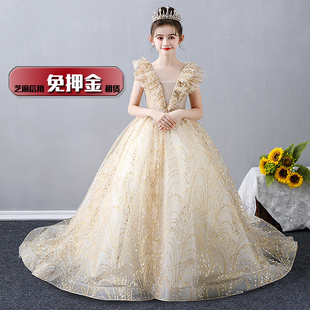 儿童长拖尾礼服出租女童主持人亮丽香槟金色亮片新款齐地华丽长裙