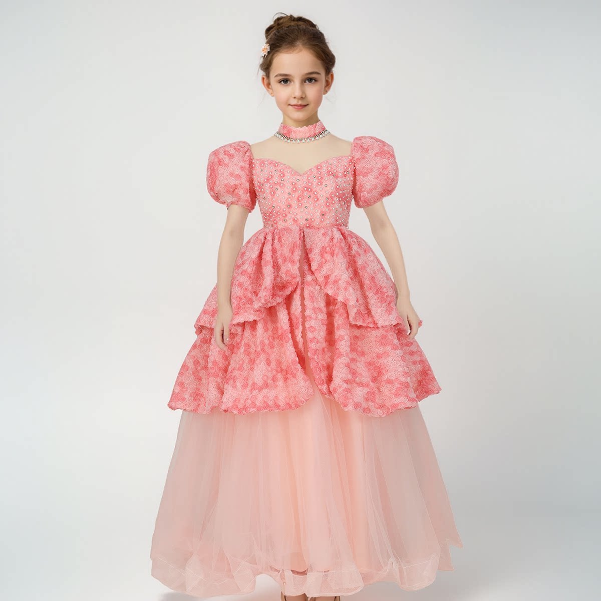 租赁大码女童蓬蓬连衣裙钢琴演奏演出服轻奢粉色高端生日礼裙2025