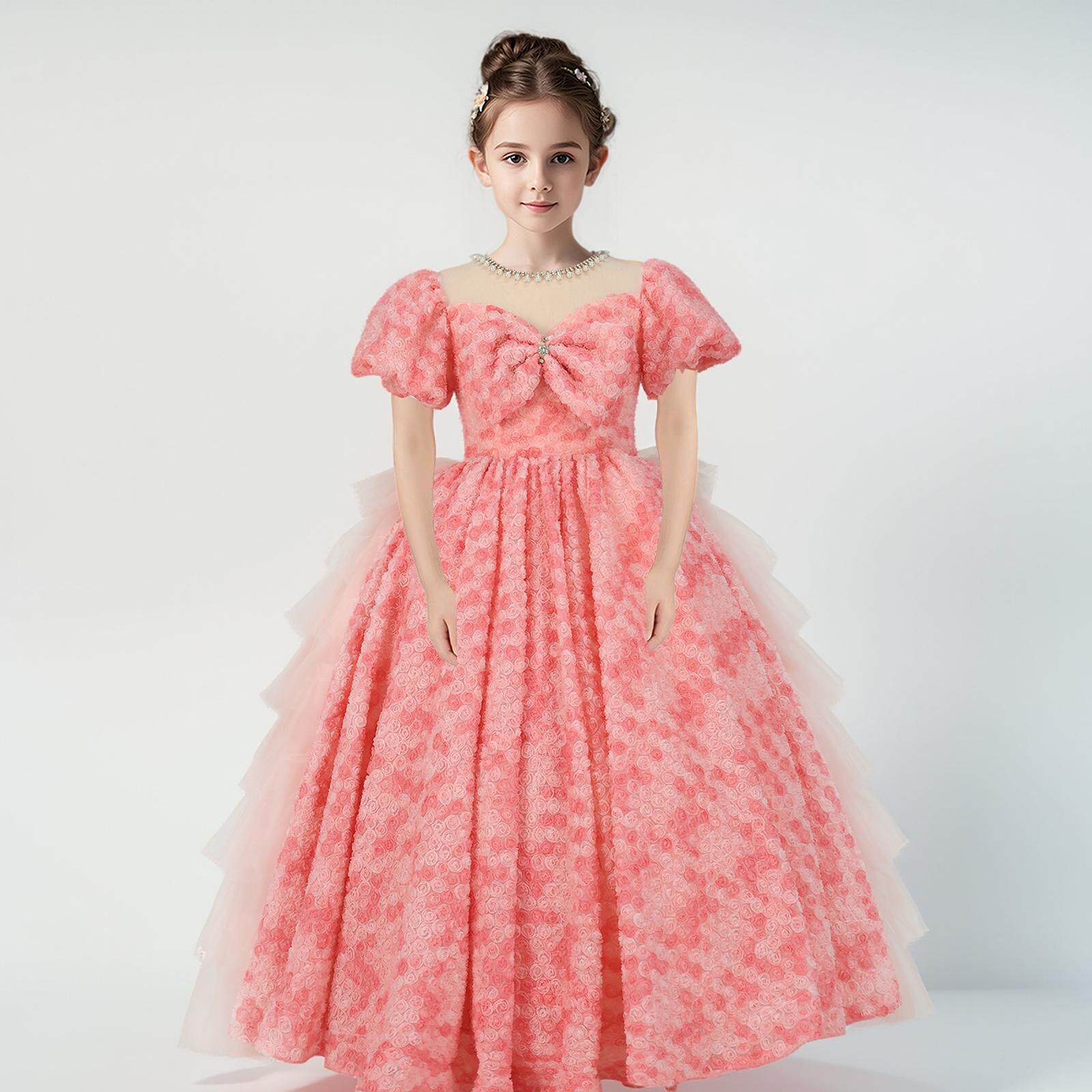 租赁儿童弹钢琴演奏演出服女童元旦春节小主持人秋冬粉色庆典礼服