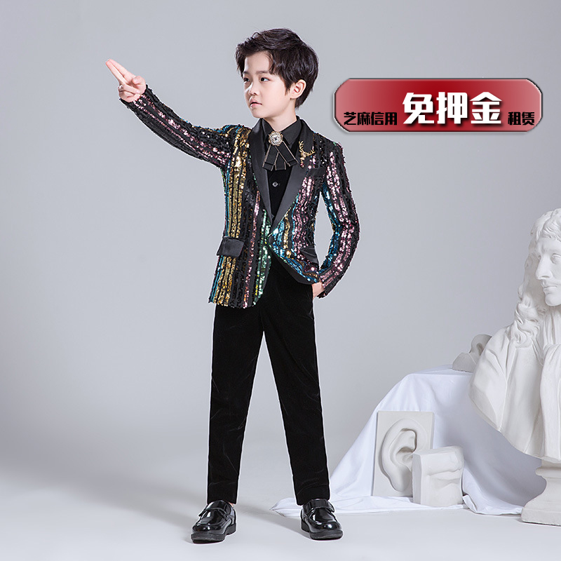 小主持人西装出租儿童亮片礼服租赁男童钢琴演出高端大气西服套装