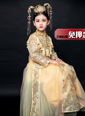出租儿童唐装礼服租赁女童模特走秀金色古装女孩奢华国潮汉服GC41