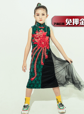 出租儿童走秀旗袍租赁女童绿色潮服女孩个性霸气改良国潮礼服GC58