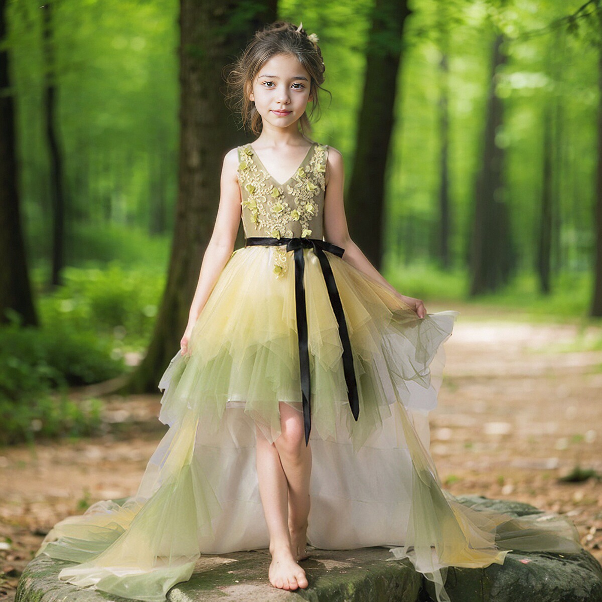 儿童礼服租赁女童T台走秀森系演出服新款女孩前短后拖尾绿野仙踪