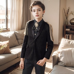 出租男童主持人礼服男孩走秀闪亮黑西装租赁儿童英伦时尚亮片西服
