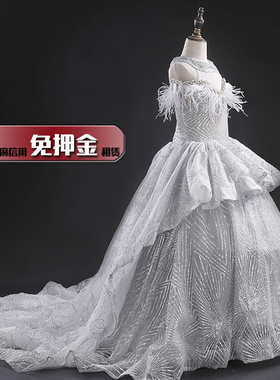 女孩婚纱出租女童奢华晚礼服租赁儿童高端灰色闪亮钢琴演出服NL81