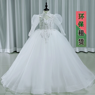 出租女童主持人长袖白纱裙租赁儿童朗诵升旗仪式弹琴华丽高端服装