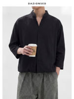 DAZO's minimalist design of a semi-cardigan with a stand-up collar and three-quarter sleeves, featuring a neutral summer collection thumbnail 6