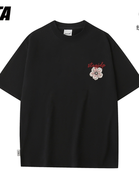 STA GJDP国潮美式玫瑰花刺绣纯棉短袖T恤男女情侣宽松ins半袖上衣