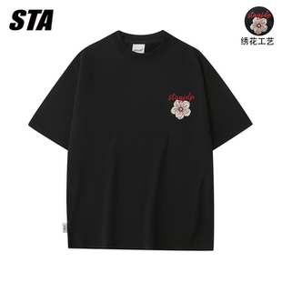 STA GJDP国潮美式玫瑰花刺绣纯棉短袖T恤男女情侣宽松ins半袖上衣