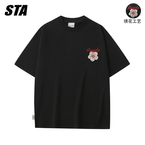 STA GJDP国潮美式玫瑰花刺绣纯棉短袖T恤男女情侣宽松ins半袖上衣