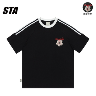 STA GJDP新款玫瑰花高端重工刺绣宽松纯棉重磅短袖男女情侣上衣潮