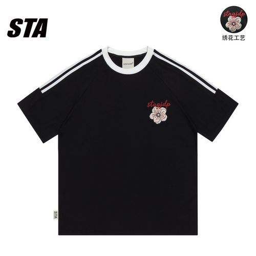 STA GJDP新款玫瑰花高端重工刺绣宽松纯棉重磅短袖男女情侣上衣潮
