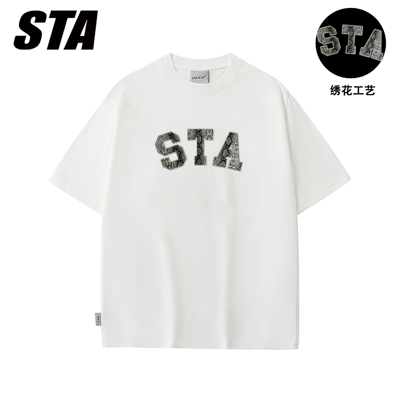 STA GJDP新款刺绣纯棉短袖潮牌男女情侣半袖宽松上衣重磅T恤