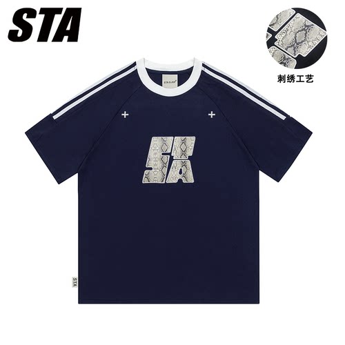 STA GJDP新款潮牌拼接插肩T恤刺绣纯棉短袖男女情侣半袖宽松上衣