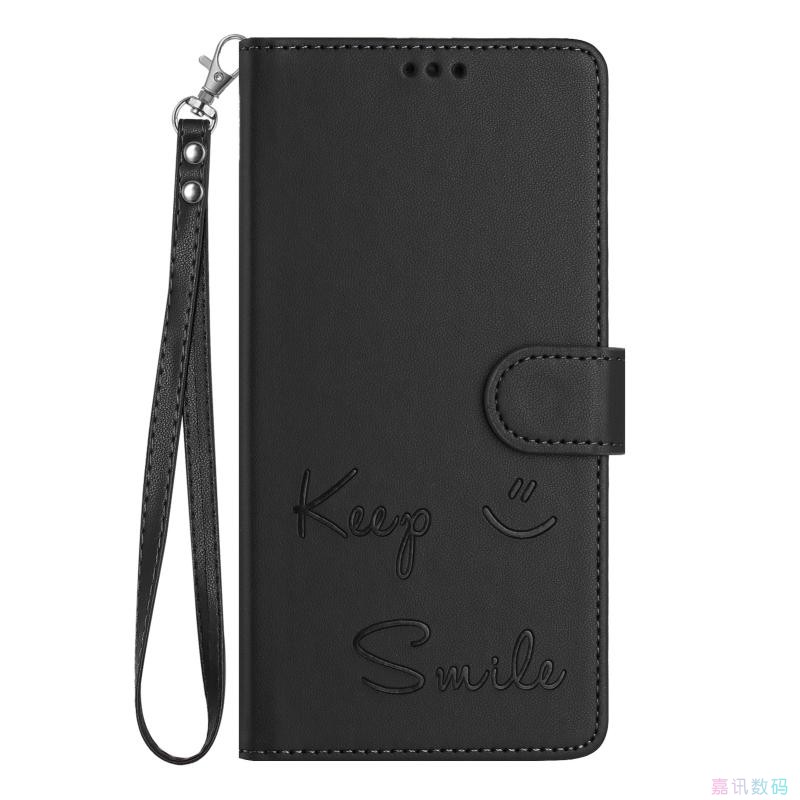 微笑脸黑适用GalaxyA13/A23/A33/A53 5G三星翻盖手机壳长挂绳A12/A22/A32/A42/A52/A72 斜挎皮套保护套电话壳