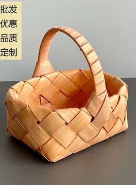 日式木片编织篮手提喜糖采摘小篮