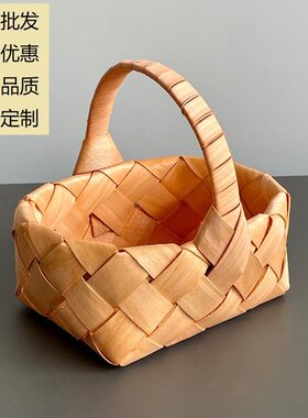 日式木片编织篮手提喜糖采摘小篮