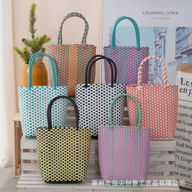 时尚简约网格手工编织手提包夏季新款彩色菜篮子编织包通勤手提包,收纳整理,其他收纳篮,淘宝优惠券,粉丝福利购,淘宝优惠卷