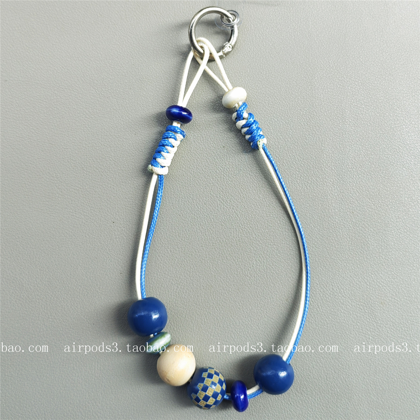蓝色木质珠子手机挂绳相机钥匙扣挂链手提腕带挂饰手机壳简约通用