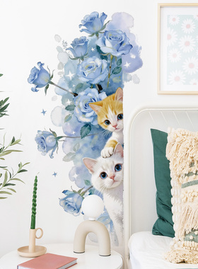 治愈系猫咪蓝色花朵自粘墙壁贴纸房间装饰改造床头布置墙面遮丑
