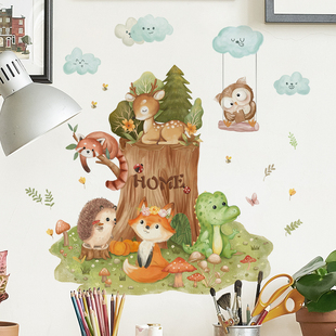 可移除墙贴纸张卡通动物狐狸小鹿防水自粘墙壁上装 饰布置主题教室