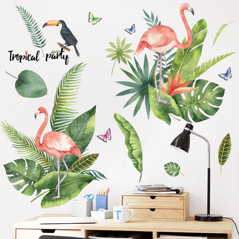 可移除墙贴火烈鸟北欧热带植物客厅卧室玄关走廊壁纸装饰画贴纸
