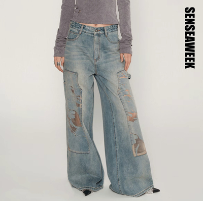 春夏美式复古烧花网纱阔腿牛仔裤